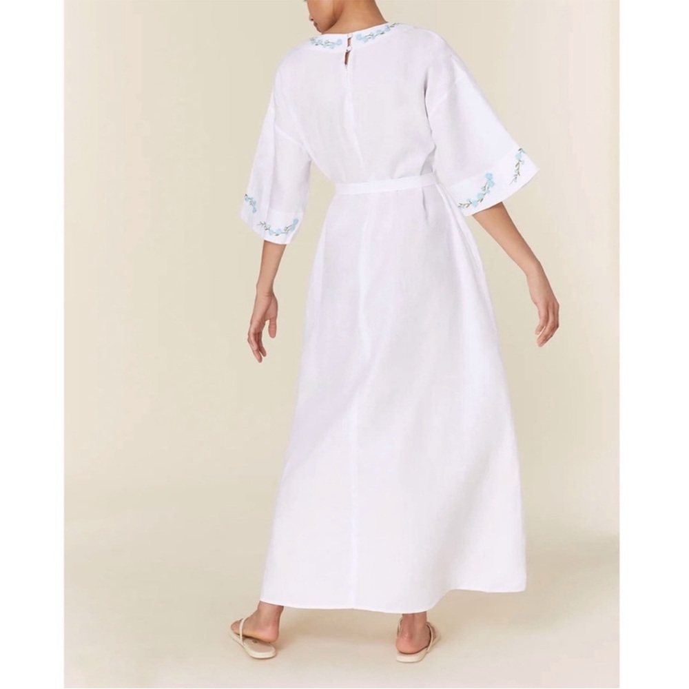 NWT Andie x Fanm Mon KEPEZ DRESS LINEN CAFTAN NEW White Blue EMBROIDERED size XL - Picture 5 of 11